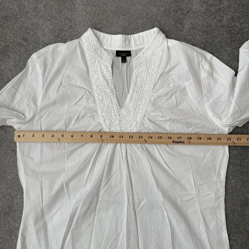Talbots Blouse Womens Large White Sequin V Neck 3/4 Sleeve Tunic Top Cotton - Picture 6 of 9